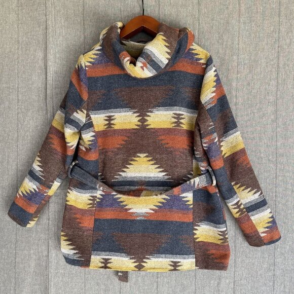 Vintage Y2K Mossimo Supply Co Aztec Print Hooded Shawl Collar Belted Coat - Picture 6 of 12